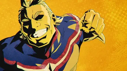 HD PC desktop wallpaper of All Might from My Hero Academia and My Hero Academia: Vigilantes — leaping forward with a grin and clenched fist against a vibrant yellow pop-art background.