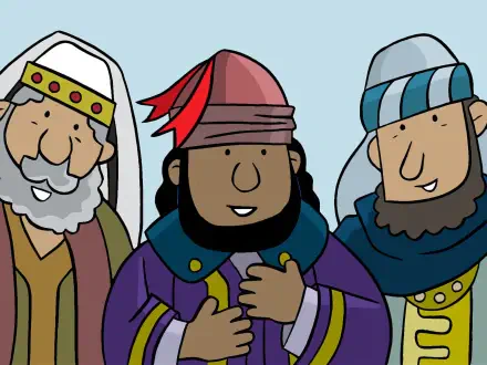 Cartoon depiction of the three Biblical Magi in colorful robes and headwear, HD PC desktop wallpaper background.