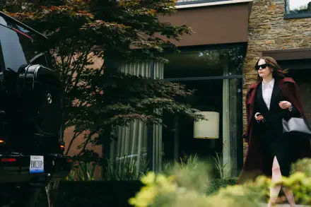 4K Ultra HD PC wallpaper for the movie Bugonia: an actress in sunglasses and a long coat strides away from a modern house, carrying a handbag.