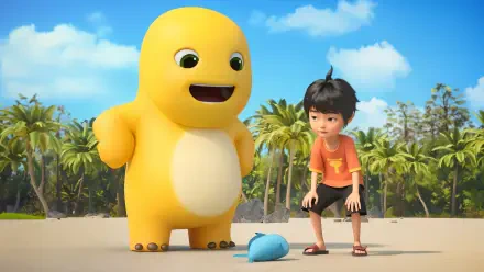 Cartoon Nailoong 4K Ultra HD PC desktop wallpaper/background: cheerful yellow character and a boy on a sunny tropical beach, crouched to inspect a small blue object on the sand.