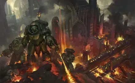 HD PC desktop wallpaper: Warhammer 40k video game scene — Salamanders Space Marines in green power armor advancing through a burning, ruined city wielding flamers and heavy bolters.