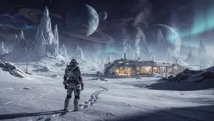 Sci Fi winter 4K Ultra HD PC desktop wallpaper: lone suited explorer crosses a snowy alien plain toward a lit outpost, jagged ice spires rising and ringed planets looming overhead.