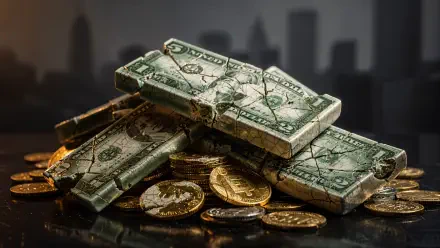 4K Ultra HD PC desktop wallpaper and background: cracked dollar bars stacked over scattered gold coins, glossy reflections and a blurred city skyline in the background.