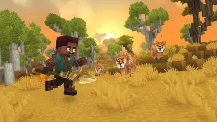 Hytale video game 2K Quad HD PC desktop wallpaper: blocky adventurer dashes through a golden savanna at sunset while tiger-like creatures give chase.