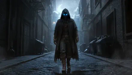 4K Ultra HD PC desktop wallpaper — hooded figure with glowing blue eyes strides through a foggy, rain-slick alley between towering buildings.