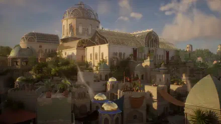 HD PC desktop wallpaper and background showing a sunlit fantasy cityscape from the video game Solasta II, with domed temples, terraces and winding streets under a blue sky.