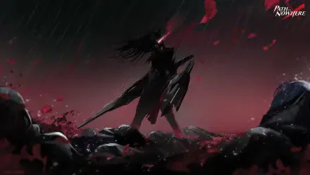4K Ultra HD PC desktop wallpaper background of mobile game Path to Nowhere — Rage silhouette warrior with sword and shield on rain‑slick rocks, red embers and petals swirling under a blood-red sky.