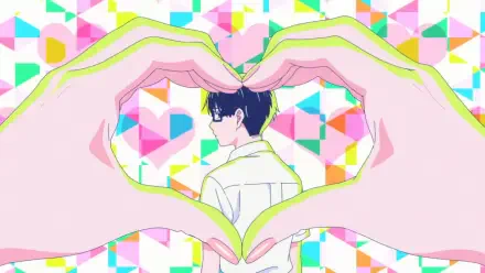 Anime HD PC desktop wallpaper: Yusuke Tani from You and I are Polar Opposites framed by pink hands forming a heart against a colorful geometric background.