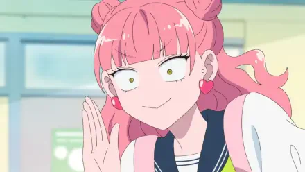 Anime HD PC desktop wallpaper of Miyu Suzuki from You and I are Polar Opposites: pink-haired schoolgirl with twin buns and heart earrings waving with a wide, nervous smile.