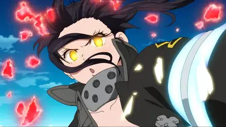 Anime Fire Force Tamaki Kotatsu in a dynamic pose, glowing yellow eyes and ember sparks against a vivid sky — 2K Quad HD PC desktop wallpaper and background.