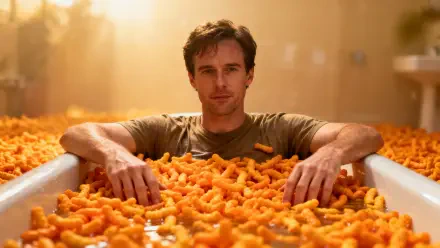 Man reclining in a bathtub overflowing with Cheetos, bright orange junk food filling the tub; vibrant 4K Ultra HD PC desktop wallpaper and background.