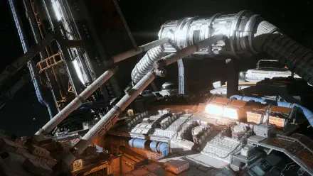 HD PC desktop wallpaper showing an industrial orbital station from the video game The Expanse: Osiris Reborn — docking arms, pipework and illuminated hull set against deep space.
