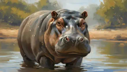 4K Ultra HD PC desktop wallpaper: digital painting of a hippo wading in shallow water, facing the viewer with a riverbank and trees softly blurred behind.