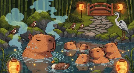 Pixel-art capybaras soaking in a steaming pond amid bamboo, lanterns, a stone bridge, birds and a heron; 4K Ultra HD PC desktop wallpaper and background.