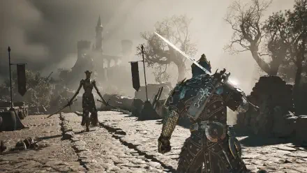 Video game Mortal Shell II HD PC desktop wallpaper and background: armored warrior with a glowing sword faces a shadowy foe amid ruined, foggy battlements and twisted trees.