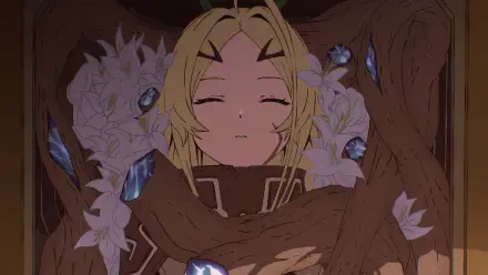 Anime wallpaper: Teoritta from Sentenced to Be a Hero asleep among white lilies and crystalline fragments, entwined by wooden roots — 4K Ultra HD PC desktop background.