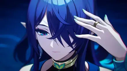 Lauma from Genshin Impact with flowing blue hair, hand raised near her face and a calm expression against a deep blue backdrop — HD PC desktop wallpaper