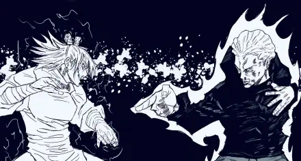 HD PC desktop wallpaper/background: manga-style Jujutsu Kaisen 3rd Season illustration of Hajime Kashimo and Kinji Hakari clashing in monochrome.