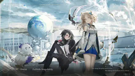 Ex Astris official HD PC desktop wallpaper: two anime characters—a blonde woman in white-blue and a black‑haired man—pose by a floating Earth, glass domes and a small white creature.