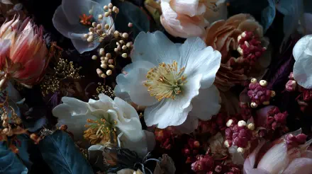 Close-up winter flower arrangement of white blossoms, dried berries and muted foliage — 4K Ultra HD PC desktop wallpaper/background.