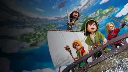 DRAGON QUEST VII Reimagined 4K Ultra HD PC desktop wallpaper: four cheerful adventurers on a sailing ship, waves and islands below, bright sky and drifting clouds.