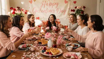 Galentine's Day friends gathered around a dessert-filled table, toasting and laughing — festive, warm 4K Ultra HD PC desktop wallpaper background celebrating friendship.