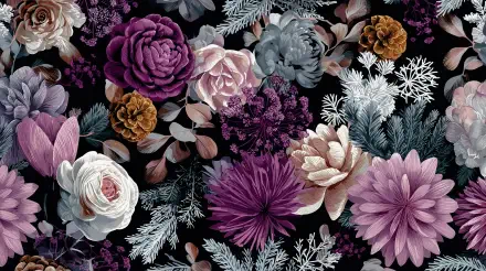 4K Ultra HD PC desktop wallpaper and background: winter floral arrangement of roses, chrysanthemums and pine sprigs in muted purples, pinks and whites on a dark backdrop.