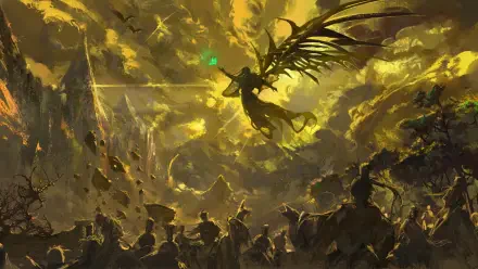 5K Ultra HD PC desktop wallpaper: yellow-toned Lord of Mysteries novel scene — a winged, cloaked figure descending over a shadowed crowd amid swirling golden clouds.