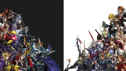 HD PC desktop wallpaper: Final Fantasy gaming art background featuring villains and All Characters split across contrasting black and white halves.