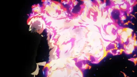 4K Ultra HD PC wallpaper: Gabimaru from Hell's Paradise in profile, a blazing purple-orange flame forming a monstrous silhouette behind him.