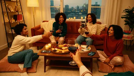 4K Ultra HD PC desktop wallpaper of a girls' night: four friends laughing on a sofa, toasting wine over a coffee table with snacks, warm lamp light and a city skyline through the window.