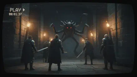 4K Ultra HD PC desktop wallpaper: four armored warriors confront a towering tentacled demon with glowing red eyes in a torchlit stone hall.