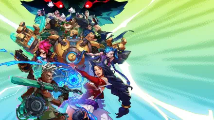 2K Quad HD PC wallpaper for 2XKO video game featuring Ahri and Ekko (League of Legends) amid a colorful, action-packed champion lineup with dynamic light streaks in the background.