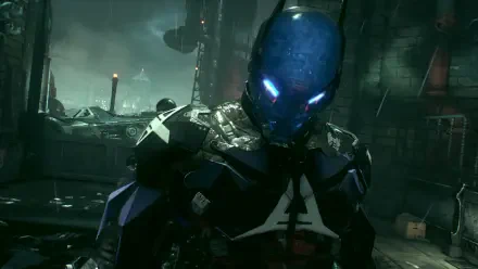 HD PC wallpaper — Action-Adventure Batman: Arkham Knight featuring Jason Todd as the armored, blue-lit Arkham Knight standing amid rain-soaked, industrial Gotham rooftops.