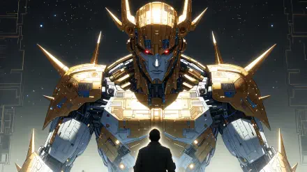 Sci-Fi 4K Ultra HD PC desktop wallpaper: a lone figure faces a towering golden robot with glowing red eyes and ornate armor against a starfield, dramatic backlighting.