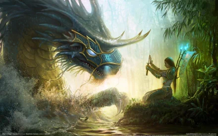 A vibrant HD PC desktop wallpaper from Might & Magic Heroes VI, depicting a mystical scene with a warrior and a majestic dragon amidst a lush, enchanted landscape.