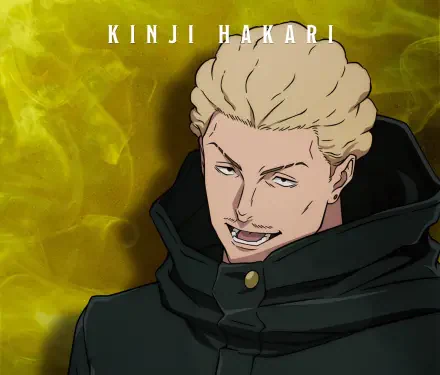 Kinji Hakari (Jujutsu Kaisen) smirking in a dark coat against a swirling yellow-green backdrop — 2K Quad HD PC desktop wallpaper.