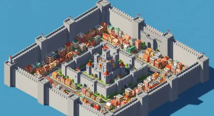 Isometric medieval walled city with central castle and colorful houses — 4K Ultra HD PC desktop wallpaper and background.