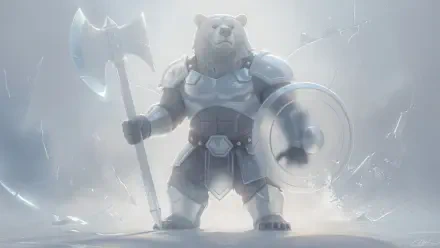 Armored polar bear warrior with axe and shield standing in a misty battlefield — 4K Ultra HD PC Desktop Wallpaper and Background.