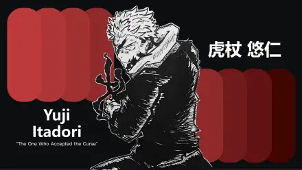 5K Ultra HD anime edit PC desktop background featuring Yuji Itadori from Jujutsu Kaisen (3rd Season): monochrome sketch of Yuji in profile over layered red panels with Japanese name text.
