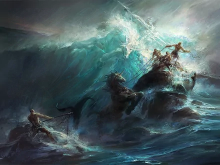 A dramatic fantasy scene depicting a battle among gods, with powerful waves crashing around warriors and mythical sea creatures, creating a captivating HD wallpaper and background.