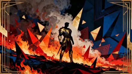 4K Ultra HD PC desktop wallpaper and background — lone armored warrior silhouetted against roaring flames, angular red-blue shards, smoky sky and gold frame accents.