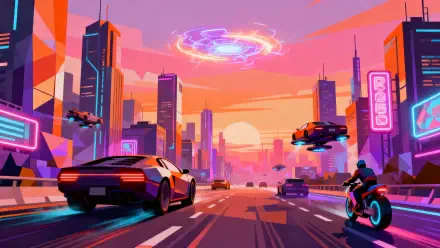 4K Ultra HD PC Desktop Wallpaper and Background: neon retro-futuristic city at sunset, flying cars, sports car and motorbike speeding along a glowing highway beneath a pulsing energy ring.