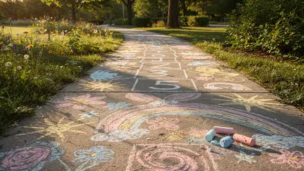 4K Ultra HD PC desktop wallpaper of a sunlit park sidewalk covered in colorful chalk drawings — rainbow, hopscotch numbers and a few chalk sticks in the foreground.