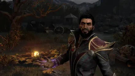 4K Ultra HD PC wallpaper: Diablo II: Resurrected warlock conjures purple magic by a campfire amid ruined wagons in a dark hack-and-slash ARPG scene.