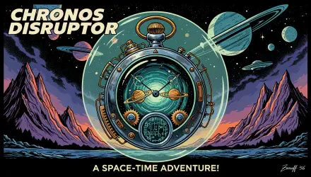 4K Ultra HD PC desktop wallpaper and background: retro pocket watch rendered as a miniature solar system, floating over jagged alien mountains with planets and the Chronos Disruptor — A Space‑Time Adventure title.