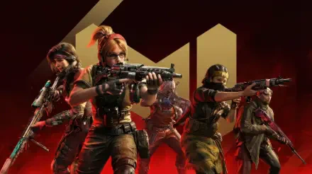 Call of Duty: Mobile mobile game 2K Quad HD PC desktop wallpaper showing five armed operators in combat stances aiming rifles against a bold red-and-gold stylized background.