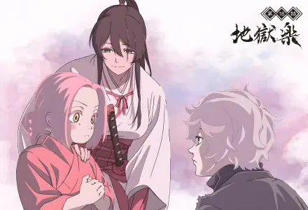 4K Ultra HD PC wallpaper of Hell's Paradise anime: Gabimaru, Sagiri in white, and Mei in red posed against soft pastel clouds.