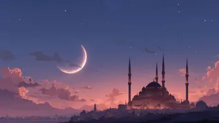 Illustrated 2K Quad HD desktop wallpaper: Blue Mosque skyline in Istanbul, Turkey at dusk, glowing crescent moon and minarets evoking Ramadan.