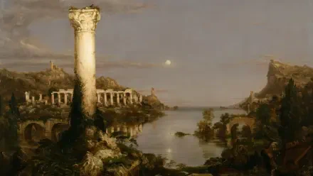 HD PC desktop wallpaper: classical 19th-century landscape painting of coastal ruins with a solitary broken pillar, arched colonnade and calm sea under a muted sky.